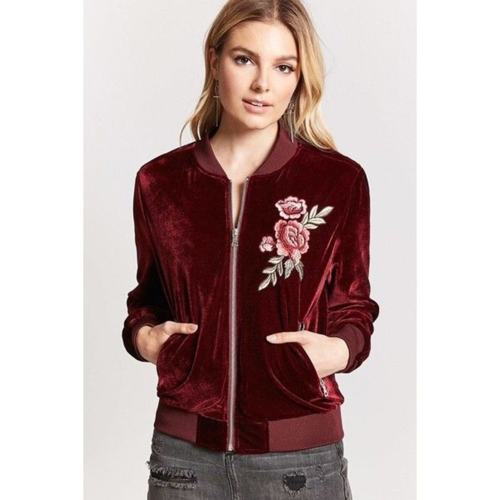 Forever 21 Burgundy Velvet Bomber Jacket